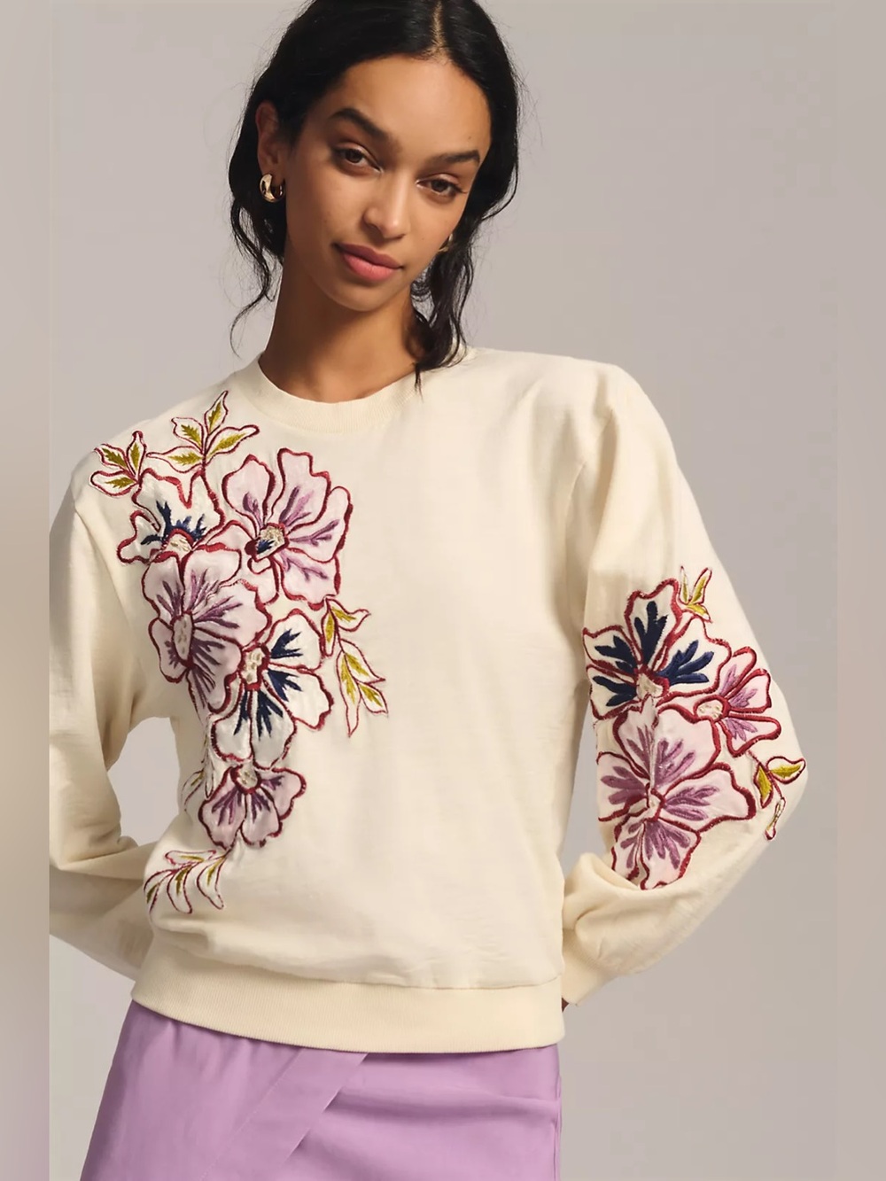 Anthropologie Applique Sweatshirt Cream Embroidery Floral XS